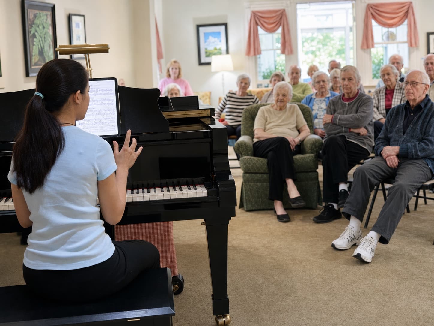 Residents gathered around a piano performance